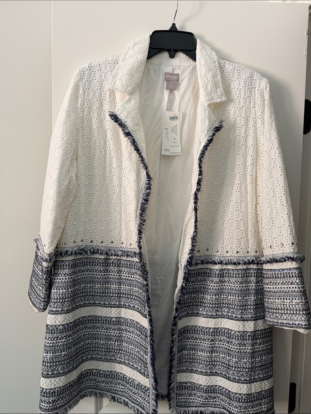 Chico's White and Navy Eyelet Tweed Fringe Open-Front Jacket